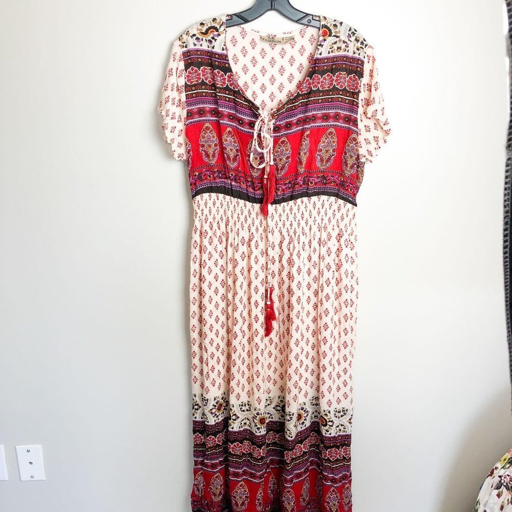 S.R. Fashion Boho Tie Front Maxi Dress